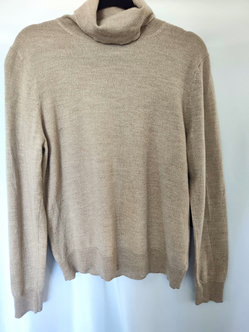 Halston Beige Solid Merino Wool Knit Ribbed Trim Turtleneck Pullover XL
